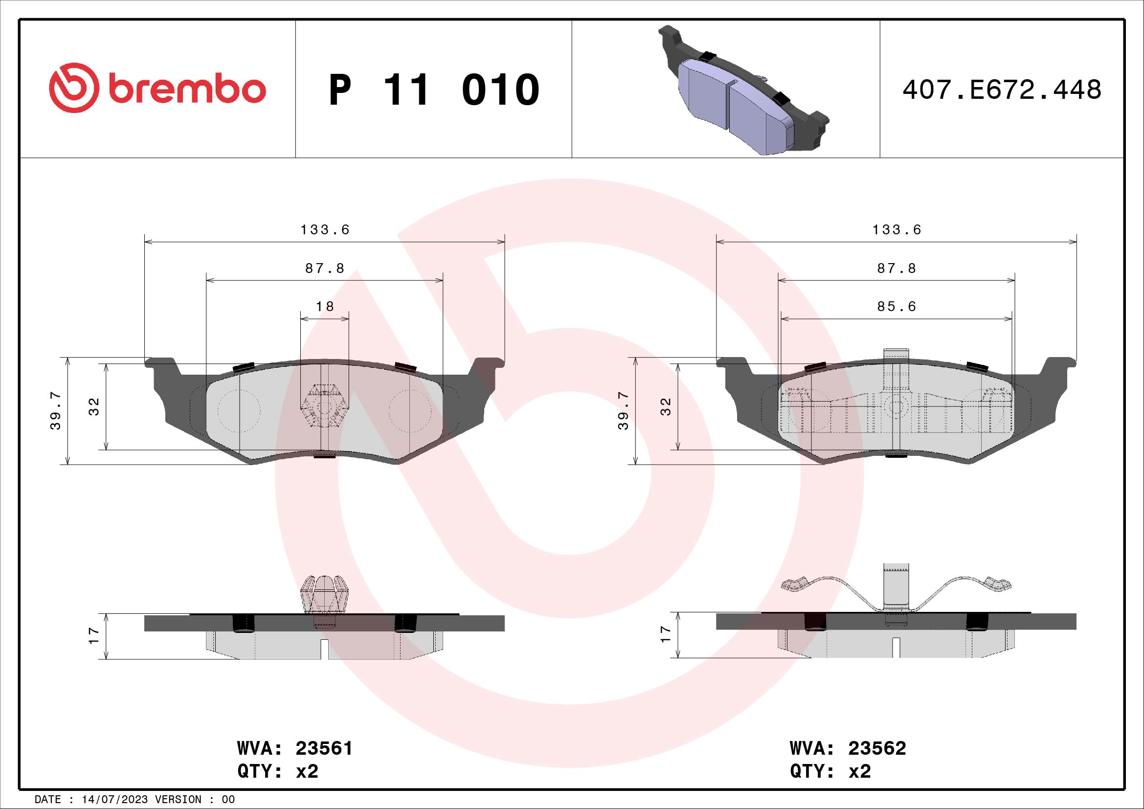 A.B.S. P 11 010 BREMBO Bremsbelagsatz, Scheibenbremse